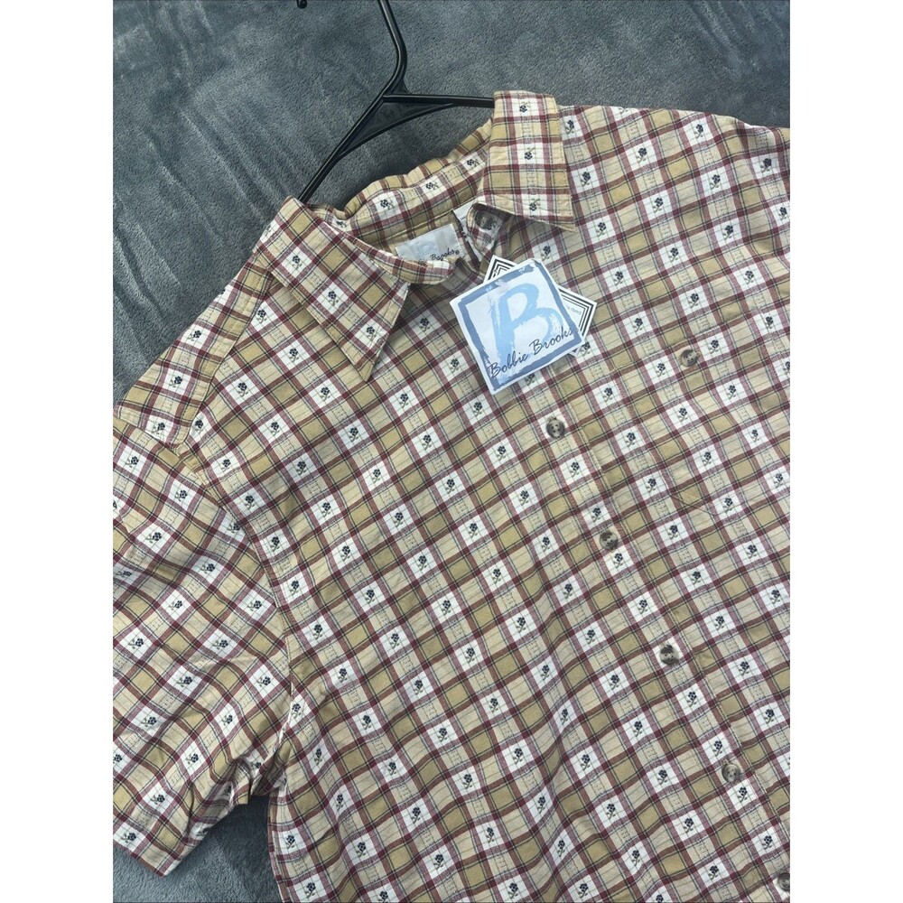 Bobbie Brooks Shirt Womens XL Tan Plaid Check Floral Cottagecore Preppy  NEW